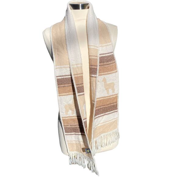 ALPACA CONNECTION Scarf Peru Alpaca Blend Fringe Neutral Western Tan Boho - Picture 1 of 13
